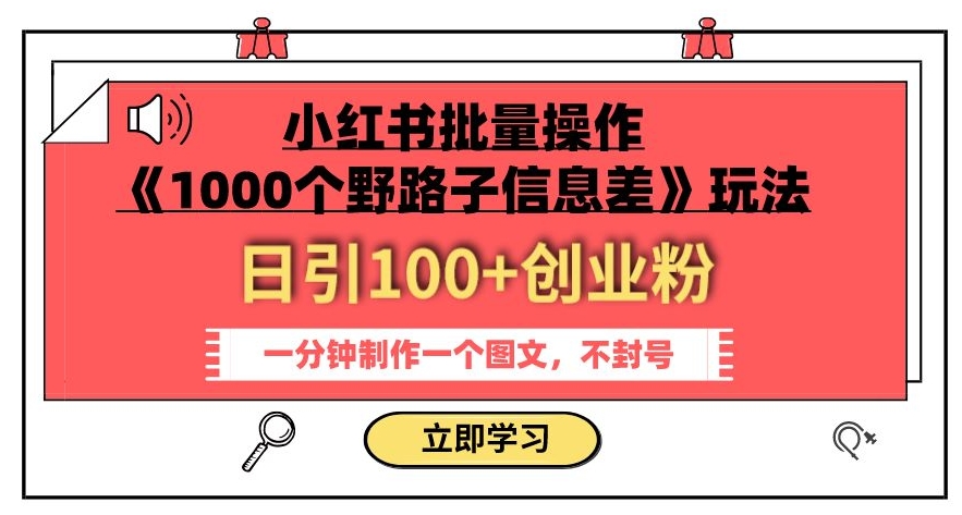 小红书批量操作《1000个野路子信息差》玩法，一分钟制作一个图文，不封号，日引100+创业粉-汇课新知资源网