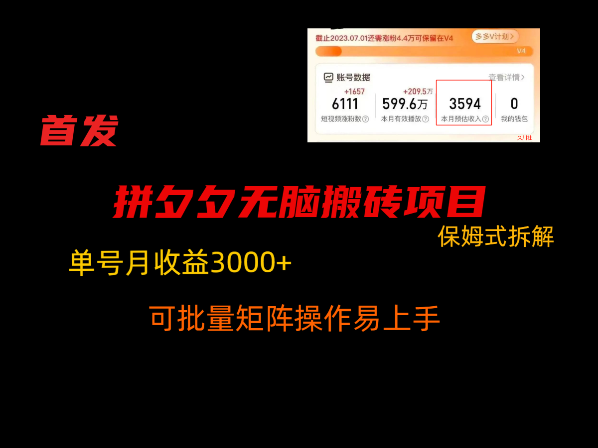 拼夕夕无脑搬砖，单号稳定收益3000+，保姆式拆解-汇课新知资源网