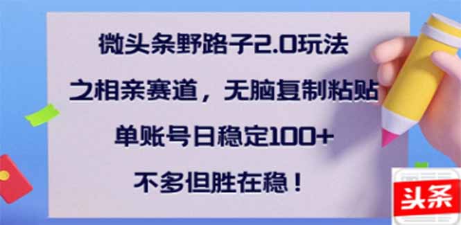 微头条野路子2.0玩法之相亲赛道，无脑搬砖复制粘贴，单账号日稳定300+…-汇课新知资源网