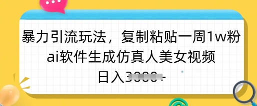 暴力引流玩法，复制粘贴一周1w粉，ai软件生成仿真人美女视频，日入多张-汇课新知资源网