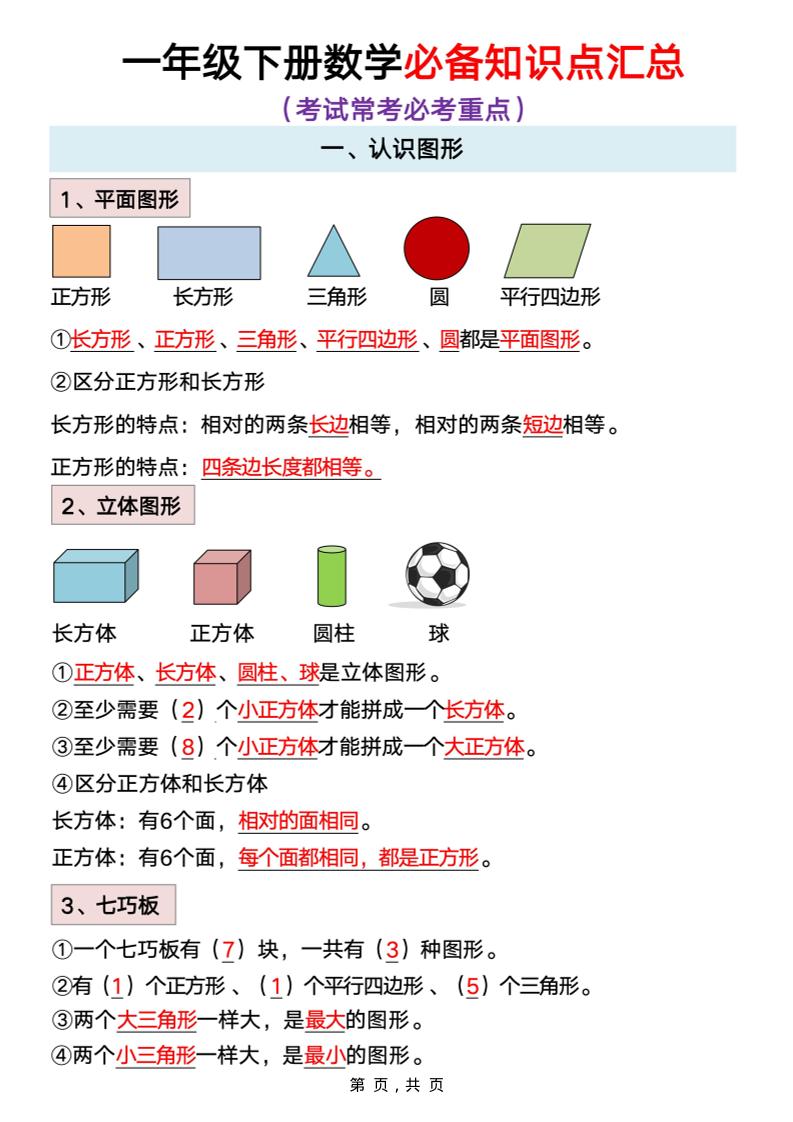 一年级下册数学重点知识必背汇总-汇课新知资源网