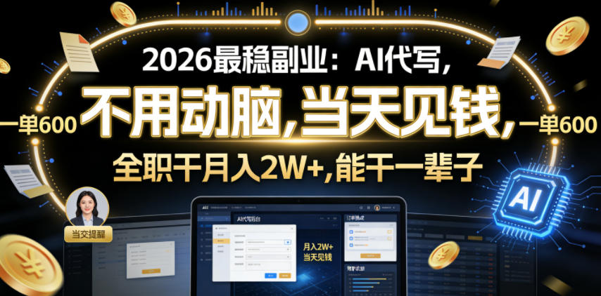 2026最稳副业：AI代写，不用动脑，当天见钱，一单600，全职干月入2W+，能干一辈子【揭秘】-汇课新知资源网
