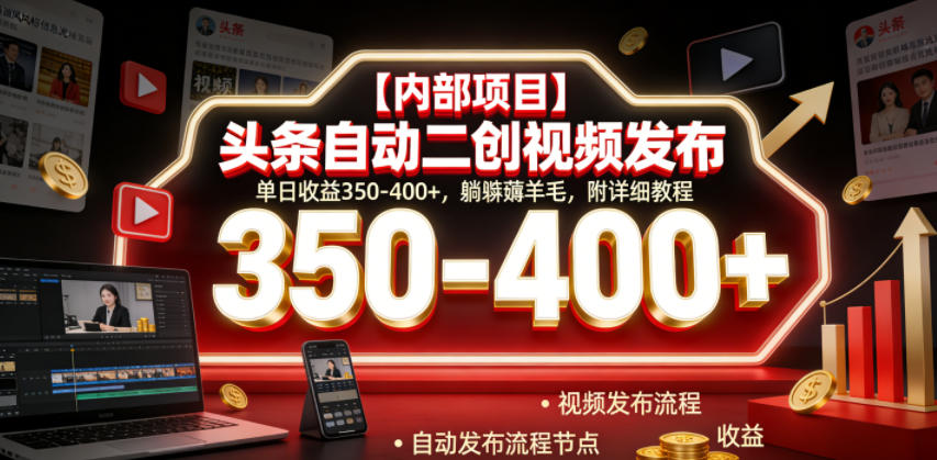 【内部项目】头条自动二创视频发布,单日收益350-400+,躺賺薅羊毛,附详细教程【揭秘】-汇课新知资源网