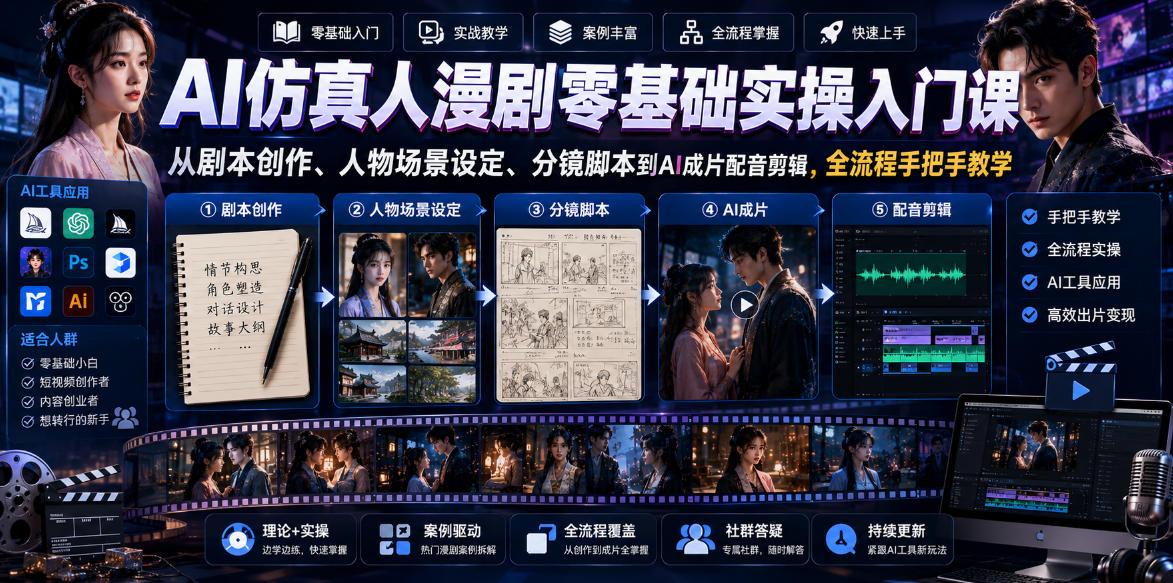 AI仿真人漫剧零基础实操入门课,从剧本创作、人物场景设定、分镜脚本到AI成片配音剪辑,全流程手把手教学-汇课新知资源网