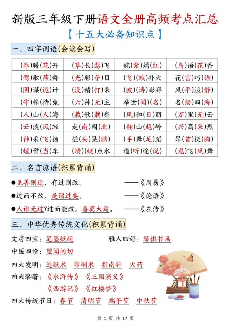 三年级下语文期末复习高频考点汇总（十五大必备知识点）-汇课新知资源网