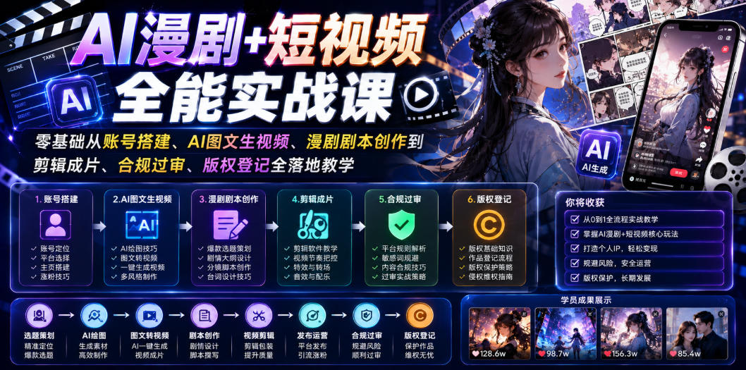 AI漫剧+短视频全能实战课|零基础从账号搭建、AI图文生视频、漫剧剧本创作到剪辑成片、合规过审、版权登记全落地教学-汇课新知资源网