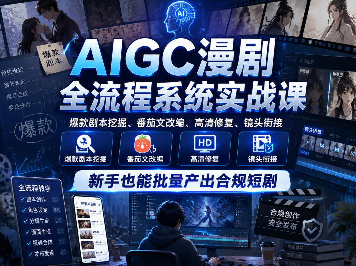 AIGC漫剧全流程系统实战课,爆款剧本挖掘、番茄文改编、高清修复、镜头衔接,新手也能批量产出合规短剧-汇课新知资源网