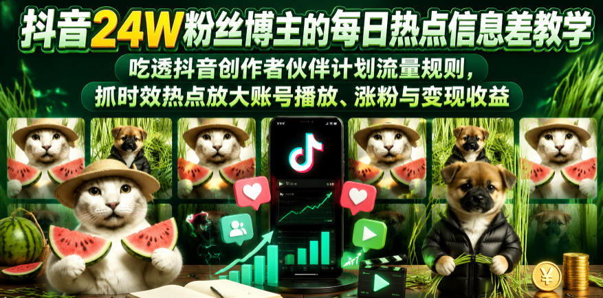 抖音24W粉丝博主的每日热点信息差教学，吃透创作者伙伴计划流量规则，抓时效热点放大账号播放、涨粉与变现收益（更新）-汇课新知资源网