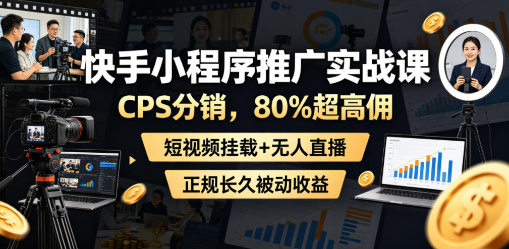 快手小程序推广实战课，CPS分销，80%超高佣，短视频挂载+无人直播，正规长久被动收益-汇课新知资源网
