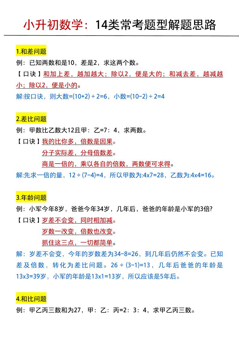 六年级下数学小升初：14类常考题型解题思路-汇课新知资源网