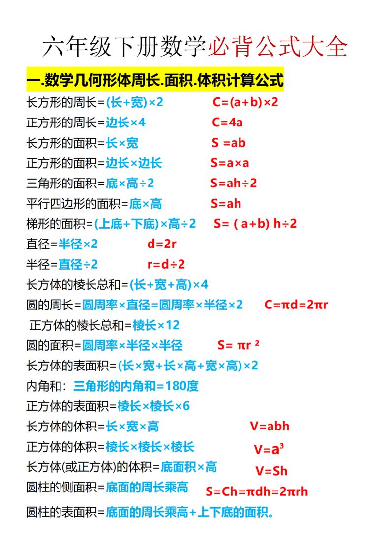 六年级下数学期末必背公式大全-汇课新知资源网