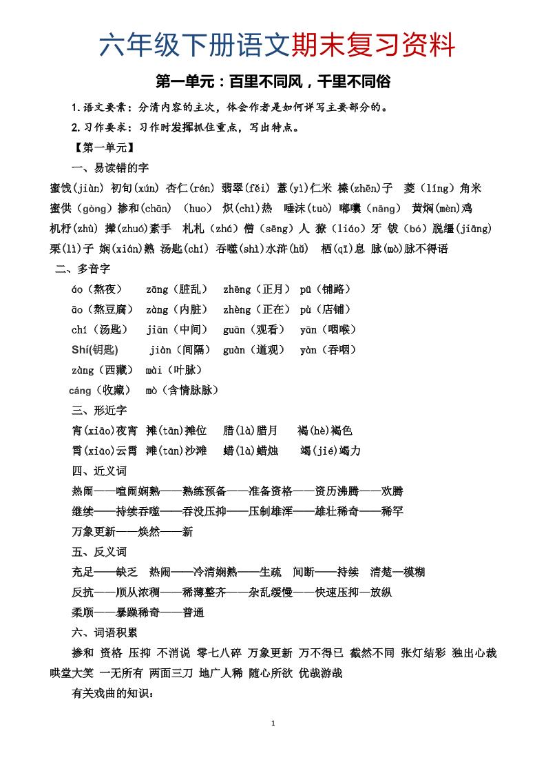 六年级下语文期末复习资料-汇课新知资源网