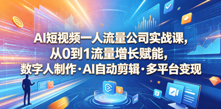 AI短视频一人流量公司实战课，从0到1流量增长赋能，数字人制作・AI自动剪辑・多平台变现，一人做流量生意全落地教程-汇课新知资源网
