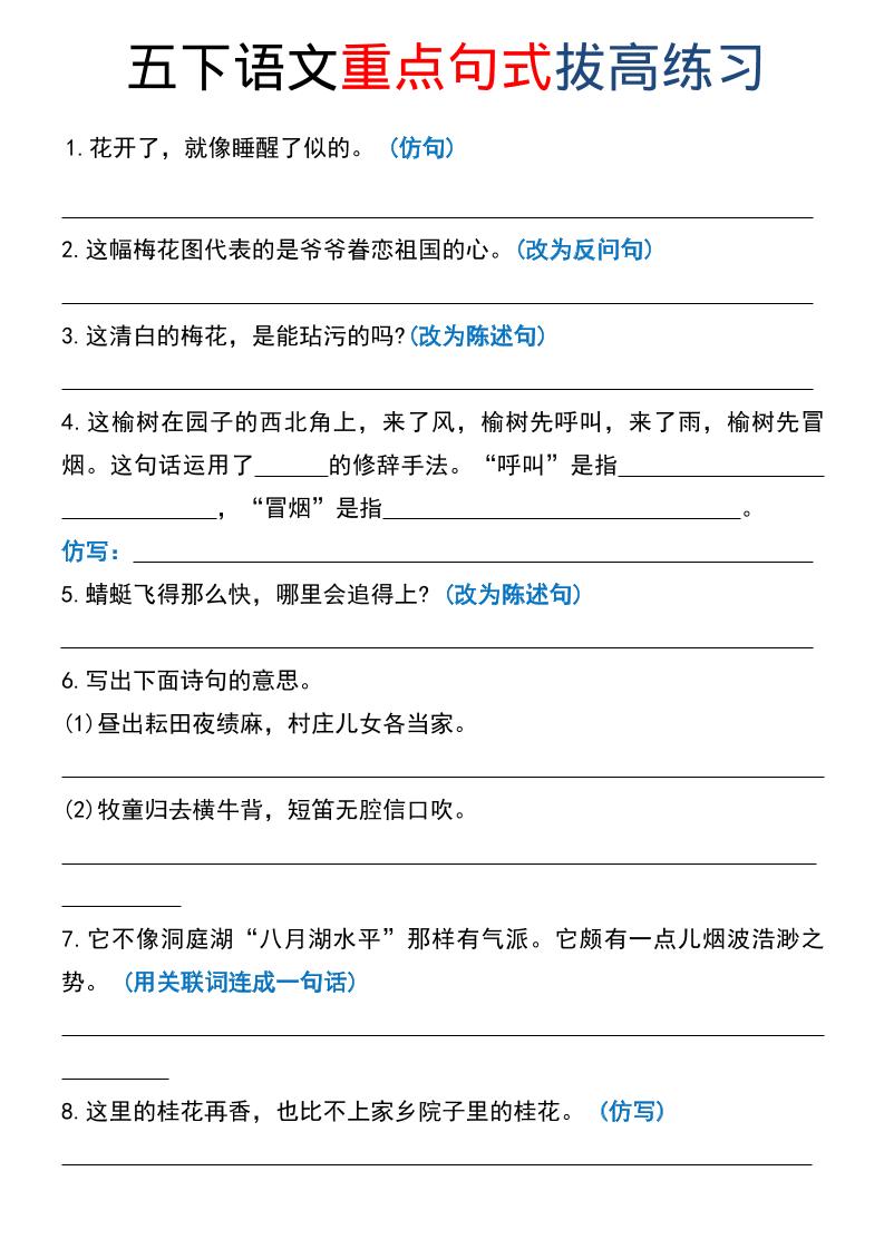 五年级下语文《重点句式》拔高练习-汇课新知资源网