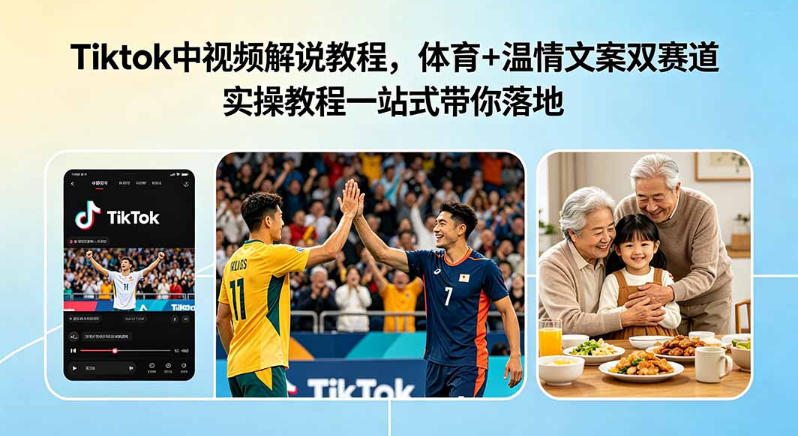 Tiktok中视频解说教程,体育+温情文案双赛道实操教程一站式带你落地,教你出海賺美刀-汇课新知资源网