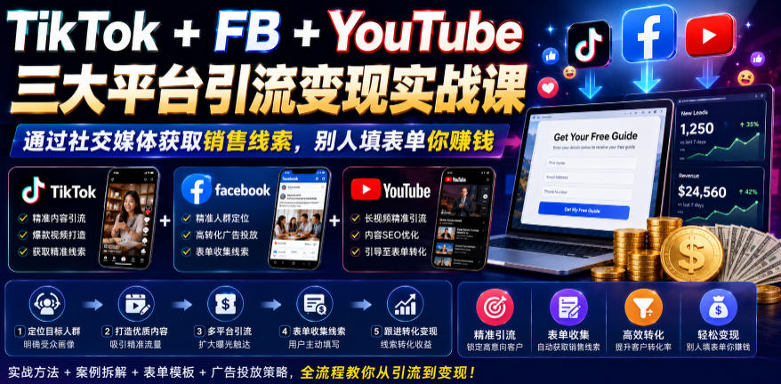 TikTok+FB+YouTube三大平台引流变现实战课，通过社交媒体获取销售线索，别人填表单你賺钱【原创双语字幕】-汇课新知资源网