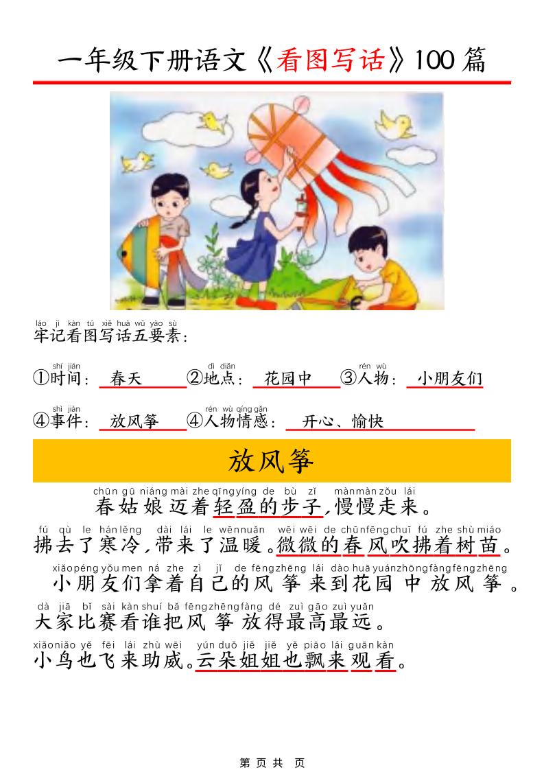 一年级下语文看图写话五要素训练-汇课新知资源网