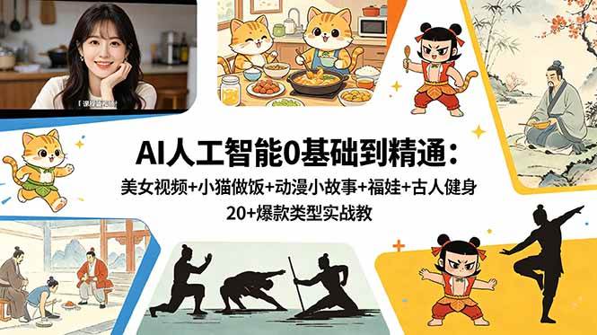 (18685期)AI人工智能0基础到精通:美女视频+小猫做饭+动漫小故事+福娃+古人健身,20+爆款类型实战教学-汇课新知资源网