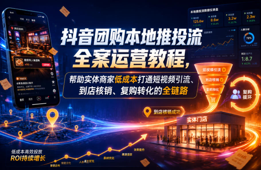 抖音团购本地推投流全案运营教程，帮助实体商家低成本打通短视频引流、到店核销、复购转化的全链路-汇课新知资源网