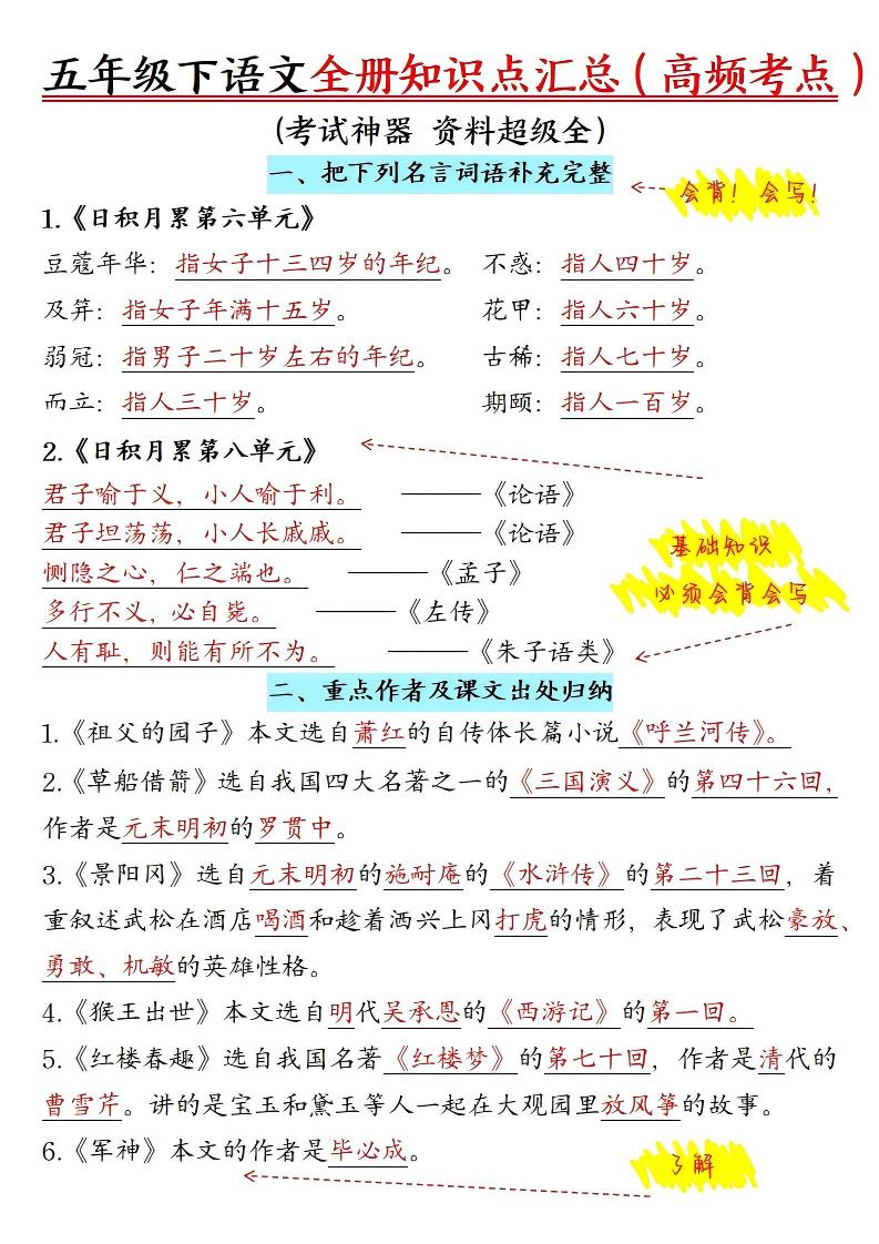 五年级下语文期末全册知识点汇总高频考点-汇课新知资源网