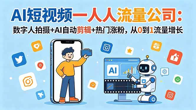 （18864期）AI短视频一人流量公司：数字人拍摄+AI自动剪辑+热门涨粉，从0到1流量增长-汇课新知资源网