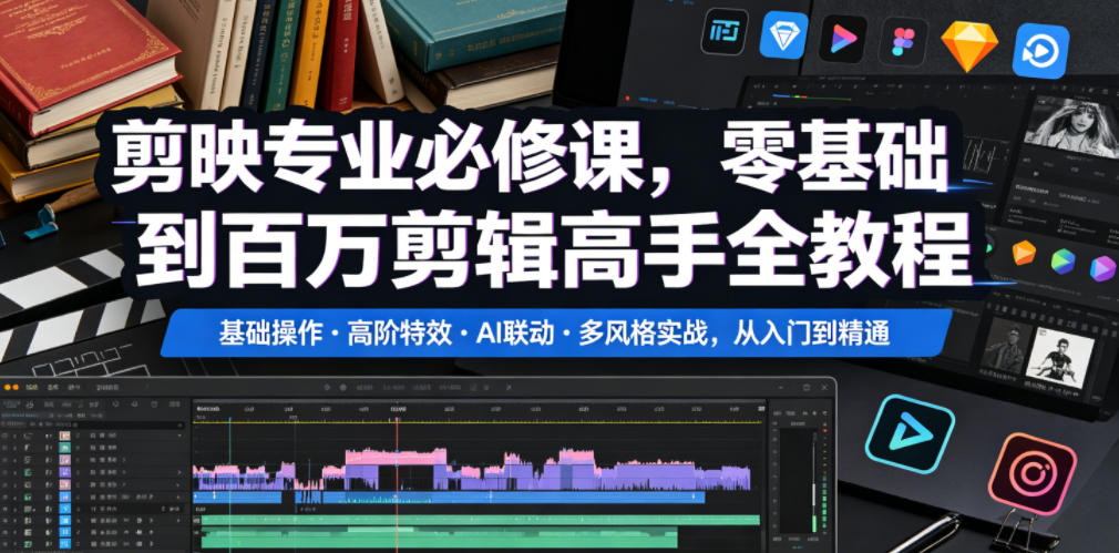 剪映专业必修课，零基础到百万剪辑高手全教程，基础操作・高阶特效・AI联动・多风格实战，从入门到精通-汇课新知资源网