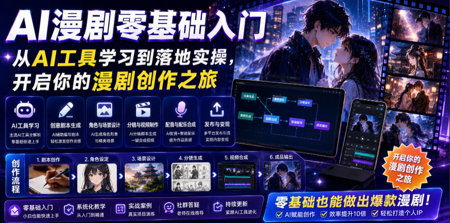 AI漫剧零基础入门,从AI工具学习到落地实操,开启你的漫剧创作之旅-汇课新知资源网