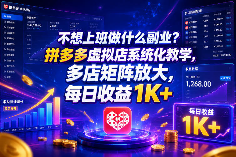 不想上班做什么副业？拼多多虚拟店系统化教学，多店矩阵放大，每日收益1K+【揭秘】-汇课新知资源网