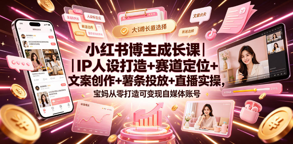 小红书博主成长课|IP人设打造+赛道定位+文案创作+薯条投放+直播实操,宝妈从零打造可变现自媒体账号-汇课新知资源网