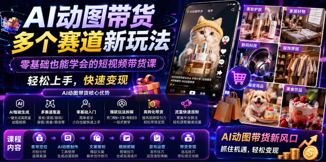 AI动图带货多个赛道新玩法,零基础也能学会的短视频带货课,轻松上手,快速变现-汇课新知资源网