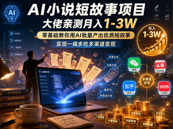 AI小说短故事项目,大佬亲测月入1-3W,零基础教你用AI批量产出优质短故事,实现一稿多吃多渠道变现-汇课新知资源网
