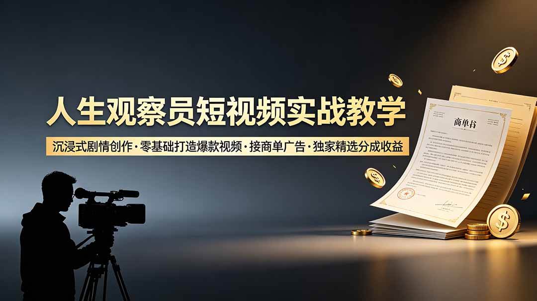 (19113期)人生观察员短视频实战教学,沉浸式剧情创作,零基础打造爆款视频,接商单广告,独家精选分成收益-汇课新知资源网