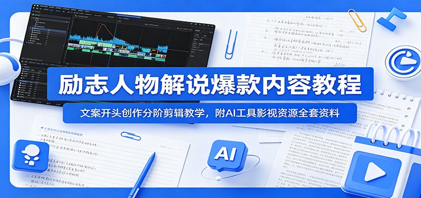 励志人物解说爆款内容教程:文案开头创作分阶剪辑教学,附AI 工具影视资源全套资料-汇课新知资源网