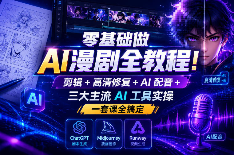 零基础做AI漫剧全教程！剪辑+高清修复+AI配音+三大主流AI工具实操，一套课全搞定-汇课新知资源网