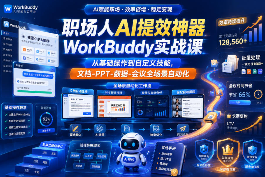 职场人AI提效神器WorkBuddy实战课，从基础操作到自定义技能，文档-PPT-数据-会议全场景自动化-汇课新知资源网