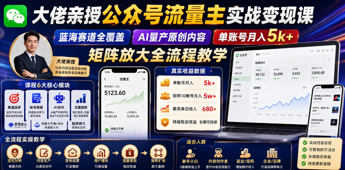 大佬亲授公众号流量主实战变现课，蓝海赛道全覆盖，AI量产原创内容，单账号月入5k+矩阵放大全流程教学-汇课新知资源网