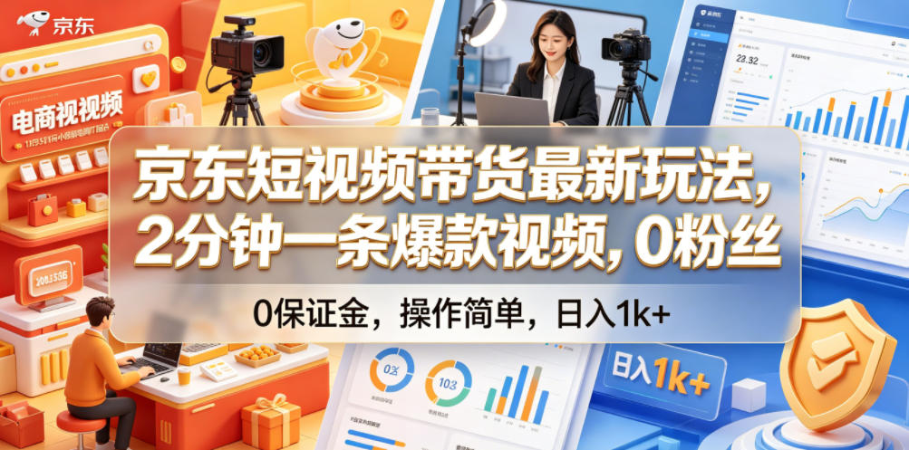 京东短视频带货最新玩法,2分钟一条爆款视频,0粉丝,0保证金,操作简单,日入1k+【揭秘】-汇课新知资源网