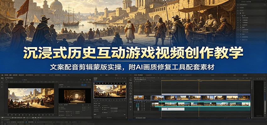 沉浸式历史互动游戏视频创作教学：文案配音剪辑蒙版实操，附AI画质修复工具配套素材-汇课新知资源网