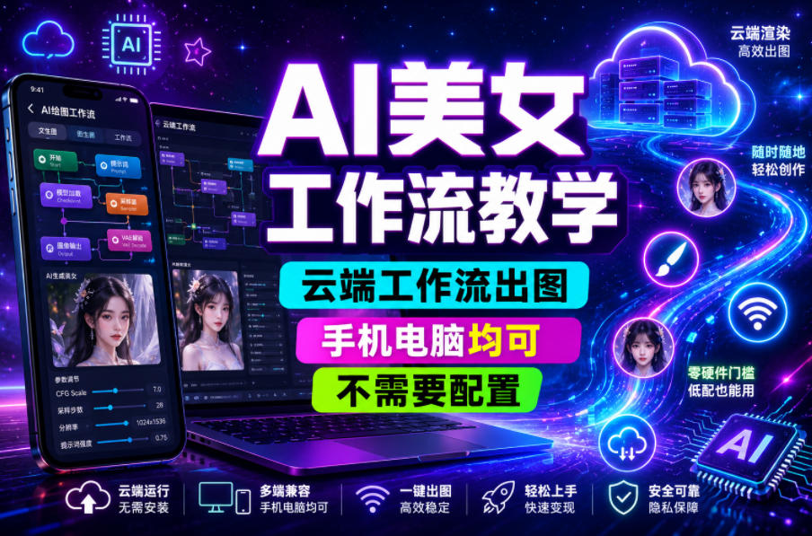 AI美女工作流教学，云端工作流出图，手机电脑均可，不需要配置，快速起号涨粉-汇课新知资源网