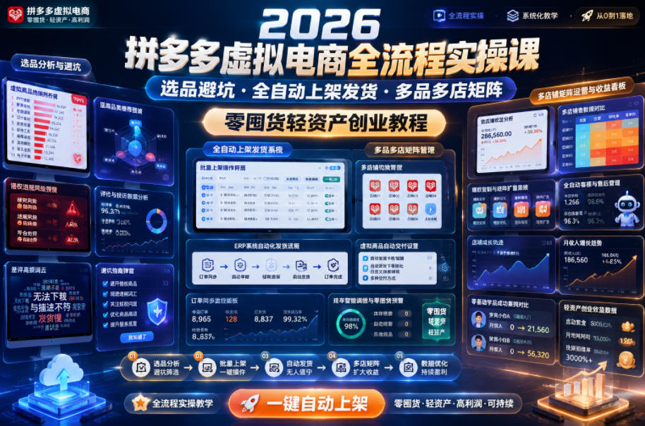 2026拼多多虚拟电商全流程实操课,选品避坑・全自动上架发货・多品多店矩阵,零囤货轻资产创业教程-汇课新知资源网