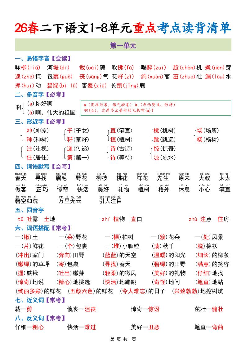 二年级下语文1-8单元重点考点读背清单-汇课新知资源网