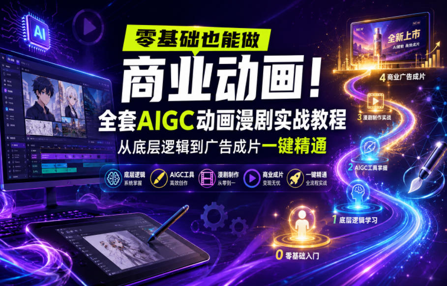 零基础也能做商业动画！全套AIGC动画漫剧实战教程，从底层逻辑到广告成片一键精通-汇课新知资源网