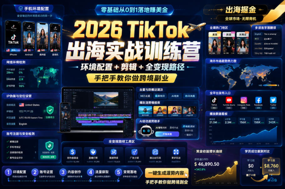 2026 TikTok出海实战训练营,环境配置 + 剪辑 + 全变现路径,手把手教你做跨境副业-汇课新知资源网