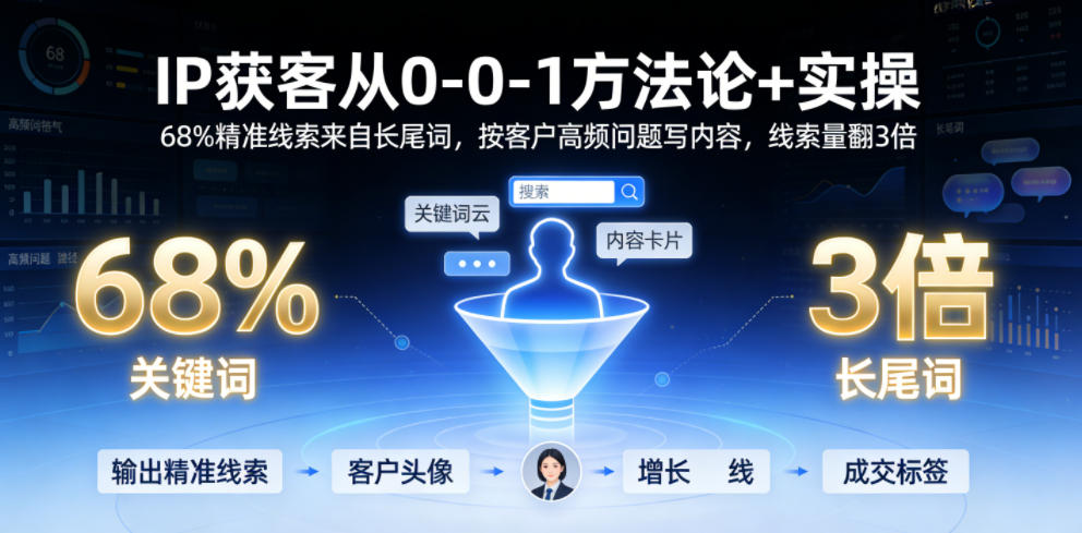 IP获客从0-1方法论+实操，68%精准线索来自长尾词，按客户高频问题写内容，线索量翻3倍-汇课新知资源网