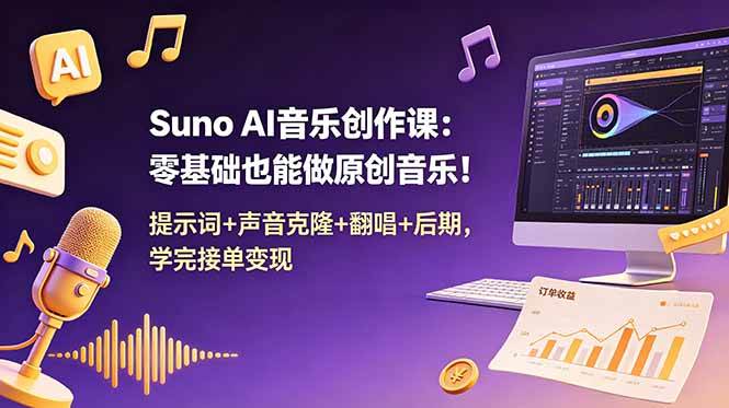 （18945期） Suno AI音乐创作课：零基础也能做原创音乐！提示词+声音克隆+翻唱+后期，学完接单变现-汇课新知资源网