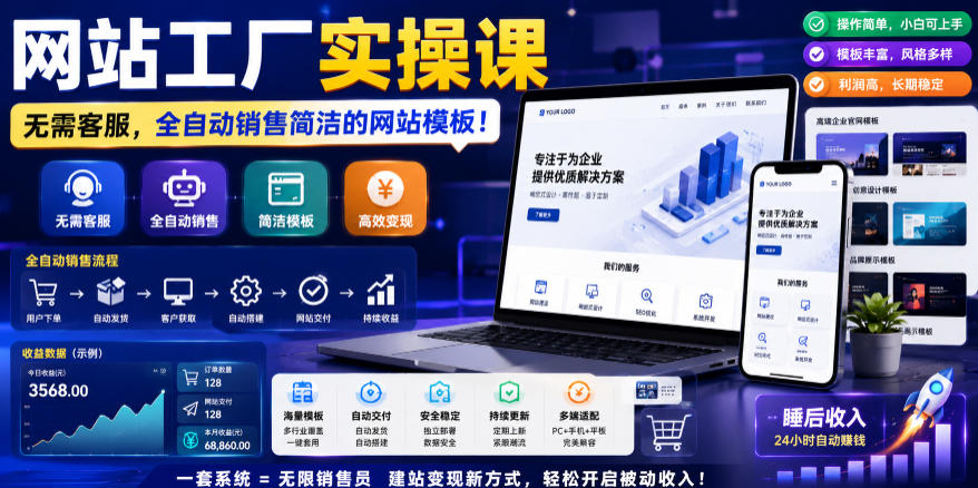 网站工厂实操课，无需客服，网站模板自动赚钱！【原创双语字幕】-汇课新知资源网
