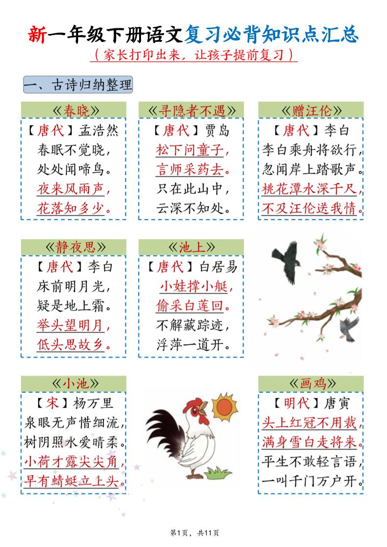 新一年级下册语文复习必背知识点汇总-汇课新知资源网