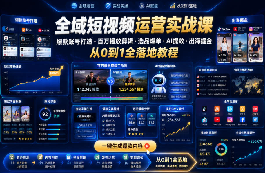 全域短视频运营实战课，爆款账号打造・百万播放剪辑・选品爆单・AI提效・出海掘金，从0到1全落地教程-汇课新知资源网