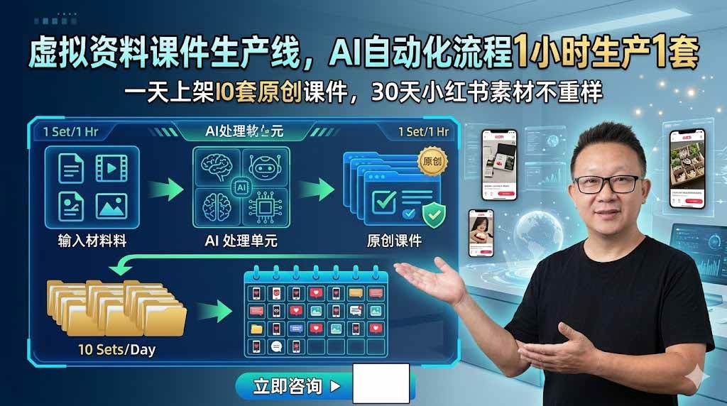 （19091期）虚拟资料课件生产线，AI自动化流程1小时生产1套，一天上架10套原创课件，30天小红书素材不重样-汇课新知资源网