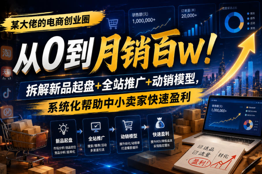 某大佬的电商创业圈从0到月销百W！拆解新品起盘+全站推广+动销模型，系统化帮助中小卖家快速盈利-汇课新知资源网